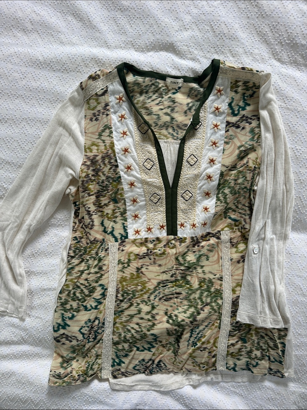 TINY Boho Embroidered Tunic in Green & Cream